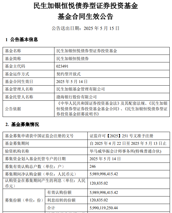 实盘配资网眼查 民生加银恒悦债券成立 规模59.9亿元